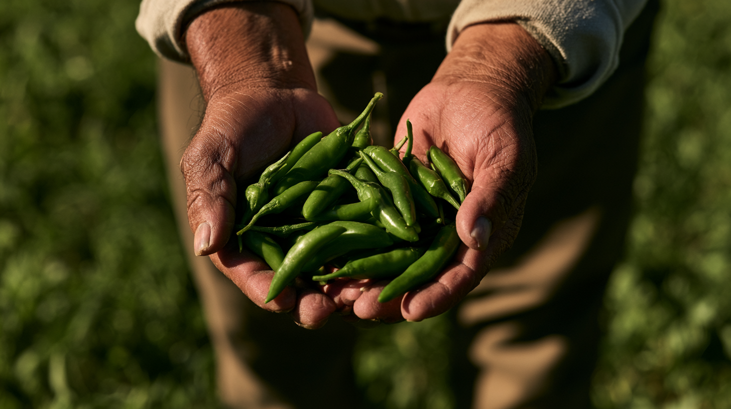 Manos de agricultor sosteniendo chiles verdes recién cosechados